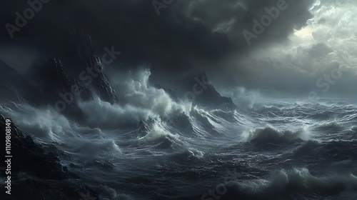 Dramatic ocean storm scene with dark, rocky cliffs and massive waves under a stormy sky.
