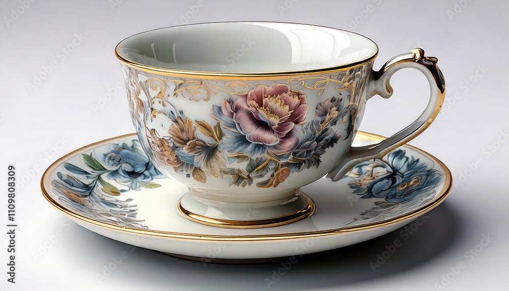 A delicate Victorian porcelain teacup and saucer, hand-painted with floral motifs in soft A delicate Victorian porcelain teacup and saucer, hand-painted with floral motifs in soft