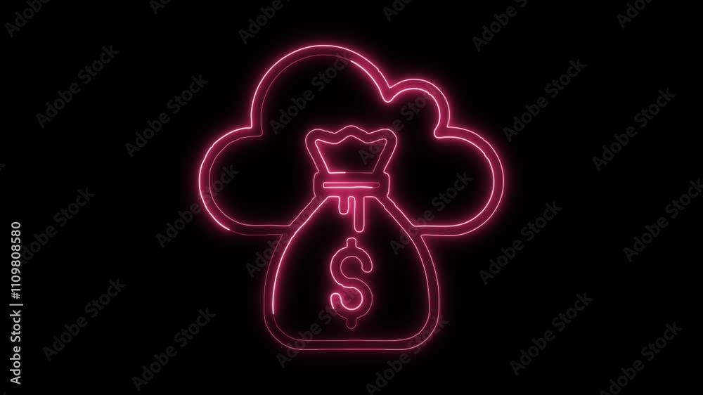 glowing neon cloud cost icon isolated on black background. HD video motion graphic animation glowing neon cloud cost icon isolated on black background. HD video motion graphic animation