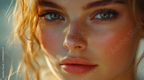 A mesmerizing close-up portrait capturing a woman's captivating eyes and subtle freckles, radiating natural beauty and emotion through gentle lighting and soft focus.