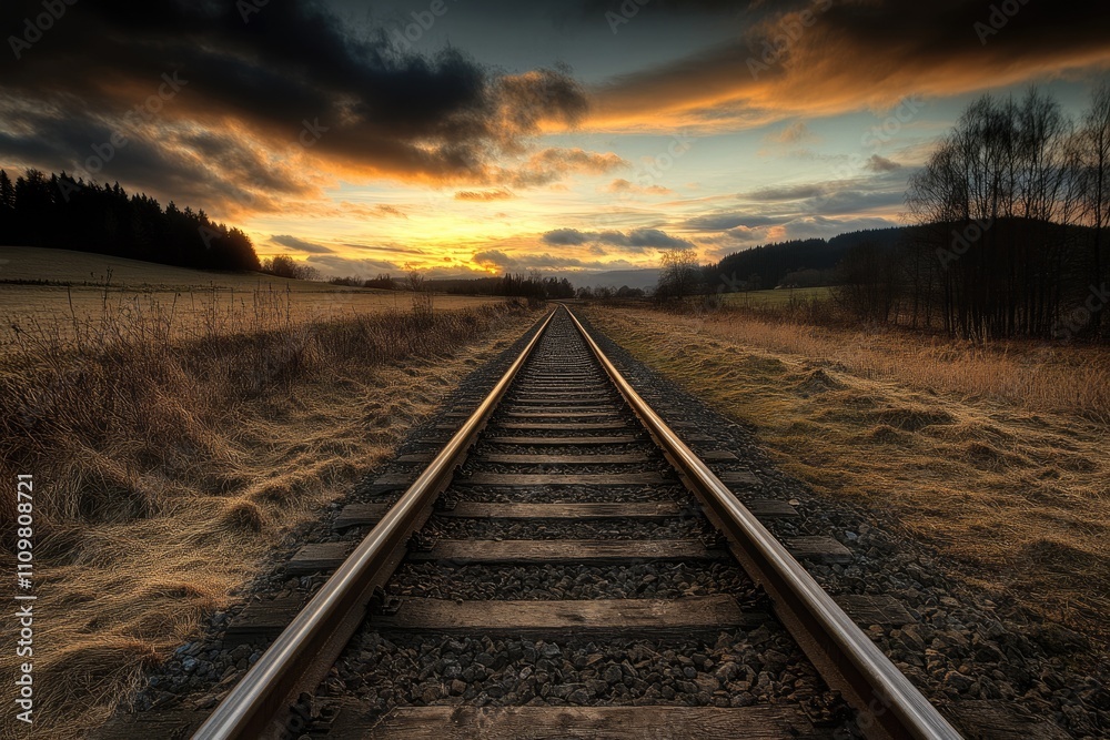 Numerous Metal Train Tracks Lining a German Landscape at Dusk, Capturing the Essence of Evening Transportation Numerous Metal Train Tracks Lining a German Landscape at Dusk, Capturing the Essence of Evening Transportation