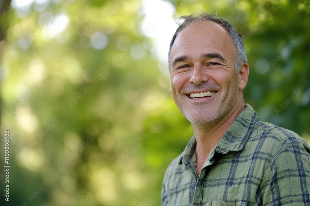 Joyful Male Portrait in Nature: Smiling Man in Casual Attire Enjoying the Outdoors Joyful Male Portrait in Nature: Smiling Man in Casual Attire Enjoying the Outdoors