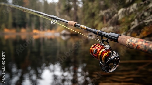 Close-up of fishing rod and reel, lake background 