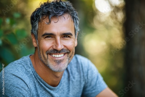 Cheerful Portrait of Adult Male Enjoying Nature with a Bright Smile