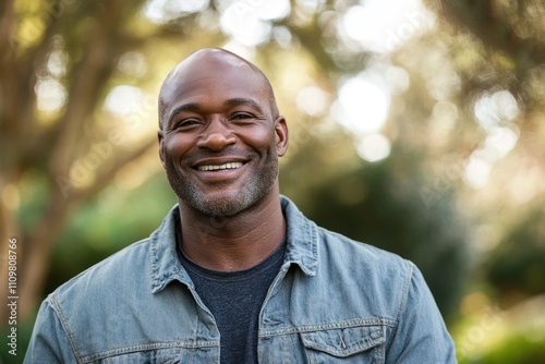 Joyful Adult Male Smiling in Casual Attire Against an Outdoor Background