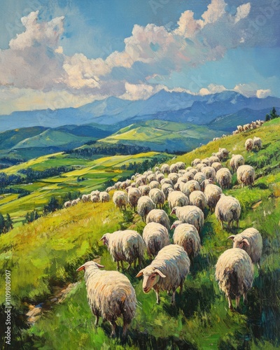 Sheep Flock Grazing on Summer Glade at Mountain Hill Top â€“ Scenic Countryside View photo