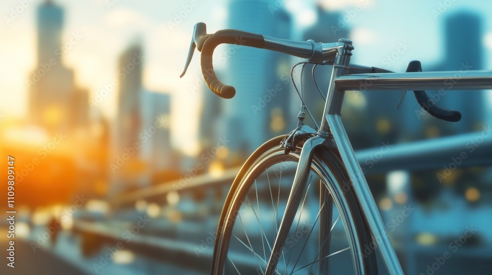 Close-up of a modern racing bike, cityscape background Close-up of a modern racing bike, cityscape background