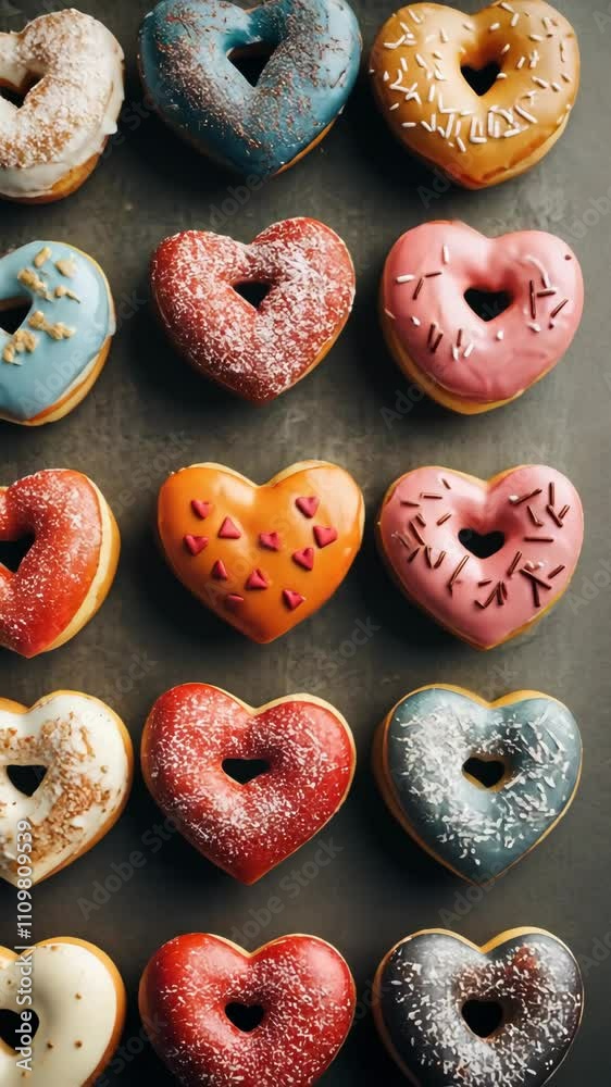 Colorful heart-shaped donuts arranged neatly on a dark surface for a festive celebration