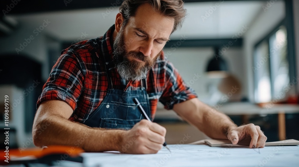 Skilled Craftsman Focusing on Drafting Design Plans in Modern Workshop with Natural Light and Tools Skilled Craftsman Focusing on Drafting Design Plans in Modern Workshop with Natural Light and Tools