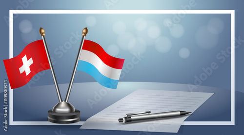 Switzerland and Luxembourg Small national flag on bokeh background, cooperative relationship