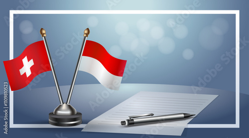 Switzerland and Monaco Small national flag on bokeh background, cooperative relationship