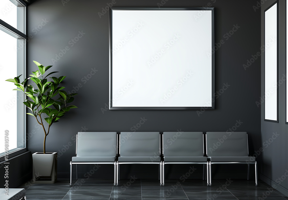 Modern waiting area with a blank poster frame, gray chairs, and a potted plant in a sleek and minimalist interior Modern waiting area with a blank poster frame, gray chairs, and a potted plant in a sleek and minimalist interior
