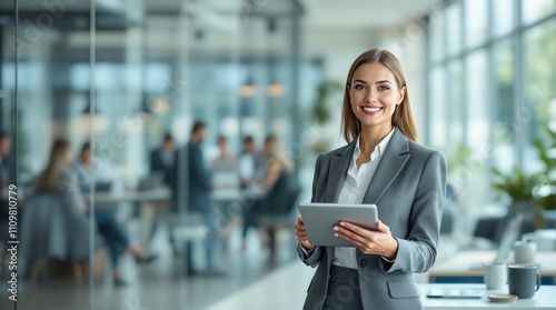 Fototapeta Naklejka Na Ścianę i Meble -  Professional woman smiling confidently Wearing gray business suit Holding tablet Modern open office space Large windows Colleagues working Clean professional atmosphere Women selective focus