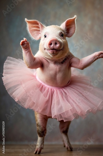 Pig bellerina. Piggy ballet dancer dressed in pink skirt. photo