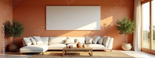 Wallpaper Mural Mock up poster frame in mediterranean home interior design of modern living room. Terracotta walls, a white linen sofa, and a wooden coffee table. Torontodigital.ca