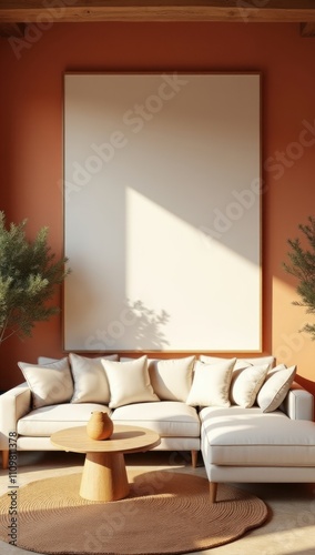 Mock up poster frame in mediterranean home interior design of modern living room. Terracotta walls, a white linen sofa, and a wooden coffee table.