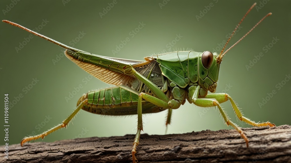 Close-up of a vibrant green grasshopper perched on a dark brown branch against a muted green background. Close-up of a vibrant green grasshopper perched on a dark brown branch against a muted green background.