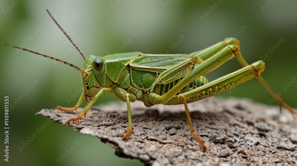 Close-up of a vibrant green grasshopper perched on a textured surface. Close-up of a vibrant green grasshopper perched on a textured surface.