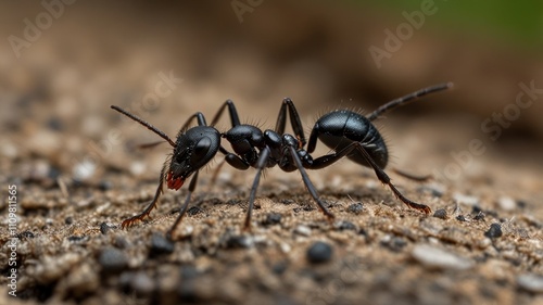 Close-up of a black ant on the ground. photo