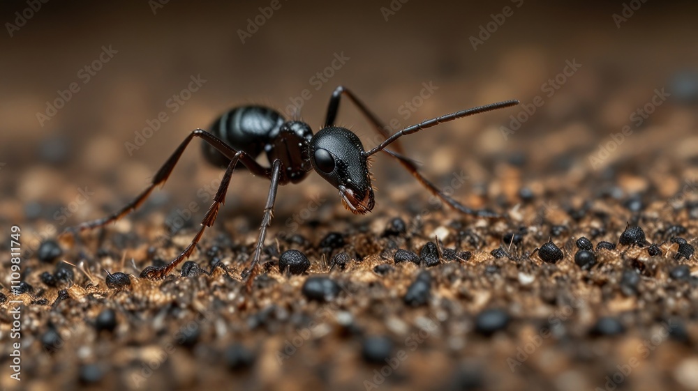Close-up of a black ant on dark ground. Close-up of a black ant on dark ground.