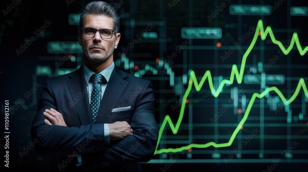 stock graph going up, graphic, black background, neon green stock line, business man standing, arms folded stock graph going up, graphic, black background, neon green stock line, business man standing, arms folded