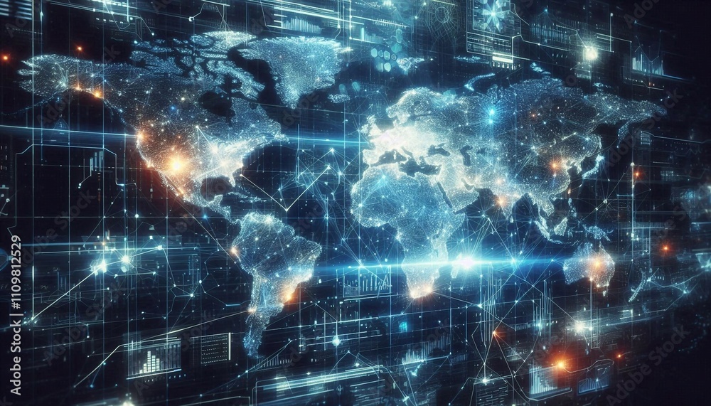Fototapeta premium Dynamic digital world map highlighting America for AI-powered global connectivity