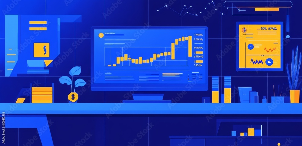 Stock market graph with candlestick, line, and bar charts on a blue background, Bitcoin trading concept for Wall Street. Stock market graph with candlestick, line, and bar charts on a blue background, Bitcoin trading concept for Wall Street.
