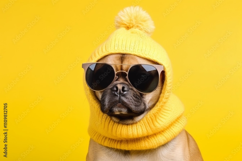 An Adorable and Stylish Dog Donning Sunglasses and a Bright Yellow Hat to Make You Smile. Christmas and New Year background