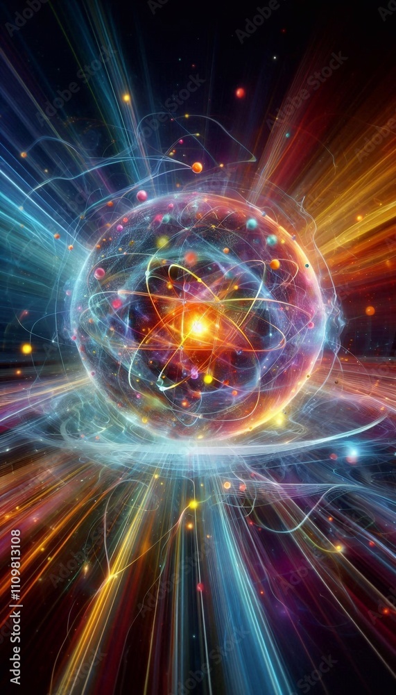 Fototapeta premium Wide-angle glowing depiction of an atom with swirling energy and particles, symbolizing atomic and quantum science