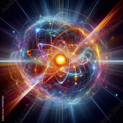 Wide-angle glowing depiction of an atom with swirling energy and particles, symbolizing atomic and quantum science