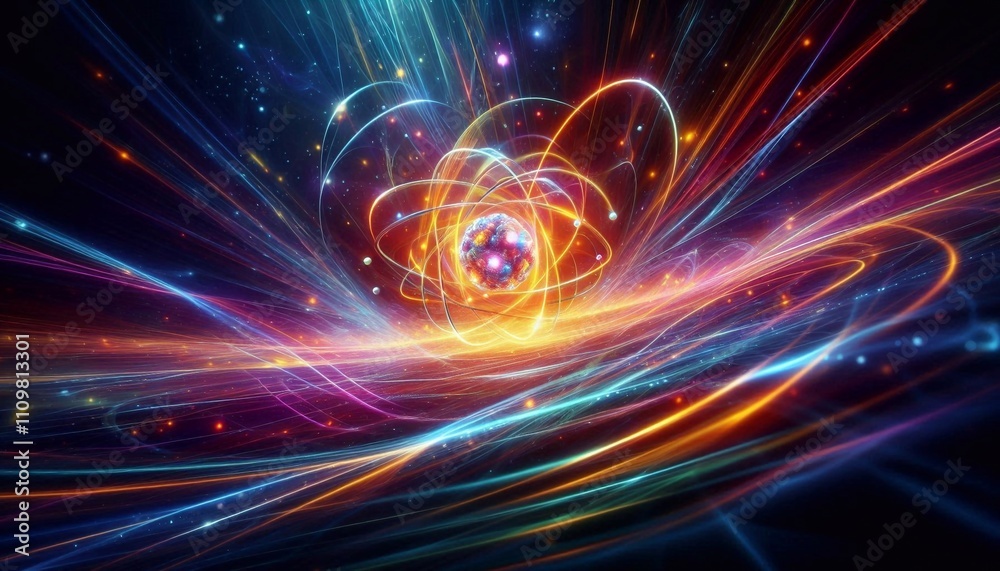 Wide-angle glowing depiction of an atom with swirling energy and particles, symbolizing atomic and quantum science Wide-angle glowing depiction of an atom with swirling energy and particles, symbolizing atomic and quantum science