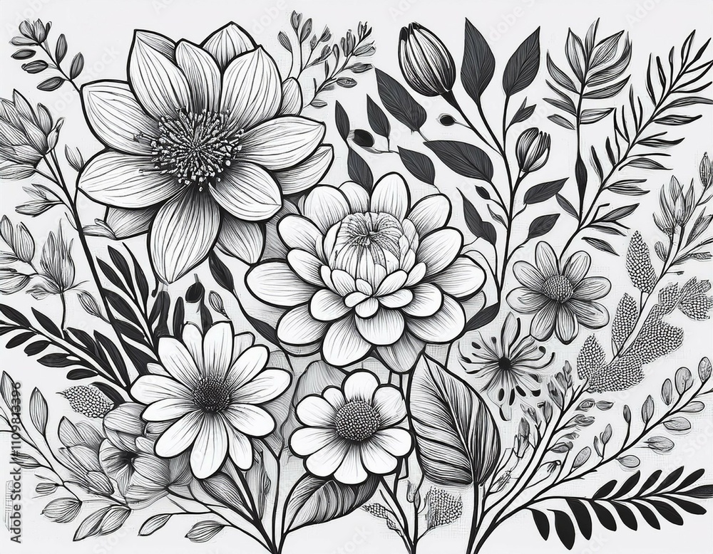 Obraz premium hand drawn black and white botanical illustration of various flowers and plants showcasing intricate and detailed floral designs