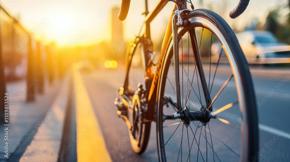 Obraz premium Close-up of a modern racing bike, cityscape background