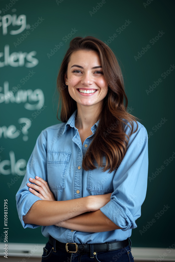 A joyful teacher stands confidently in front of a chalkboard, engaging students with her warm smile and supportive demeanor - Generative AI A joyful teacher stands confidently in front of a chalkboard, engaging students with her warm smile and supportive demeanor - Generative AI