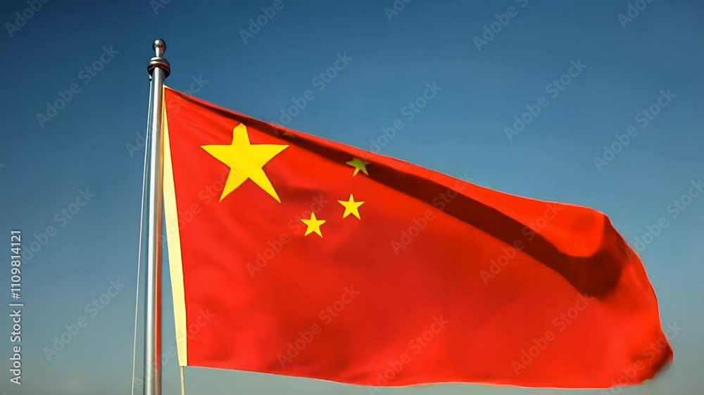 A red flag with yellow stars flutters in the wind