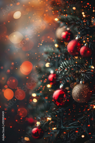 christmas tree with baubles and blurred shiny light. High quality photo photo