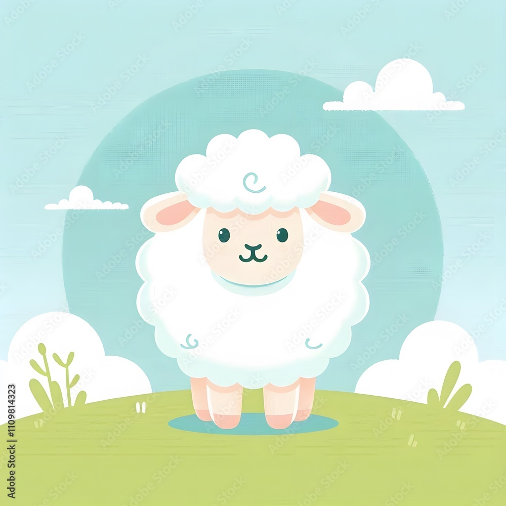 Obraz premium Adorable Cartoon Sheep Stands in a Green Pasture