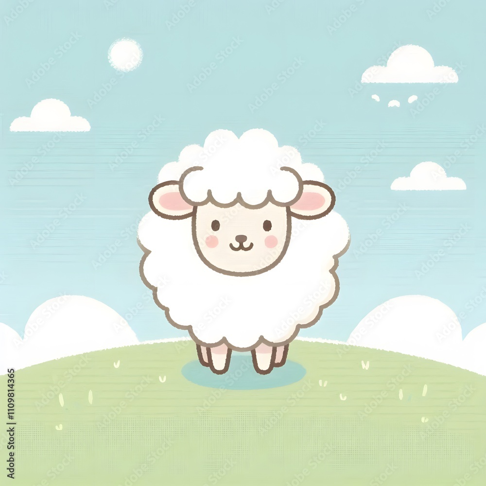 Obraz premium A Cute Fluffy Lamb Stands in a Green Pasture