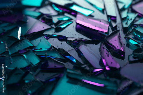 Shattered Glass Fragments Reflecting Vibrant Hues in a Modern Artistic Display photo