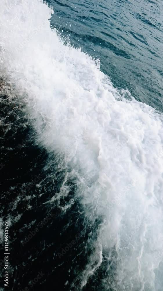 Close-up of a turbulent, foamy wake created by a boat motor, captured during a ride through clear, turquoise waters of Mediterranean Sea near Gibraltar. The scene highlights dynamic motion and energy Close-up of a turbulent, foamy wake created by a boat motor, captured during a ride through clear, turquoise waters of Mediterranean Sea near Gibraltar. The scene highlights dynamic motion and energy