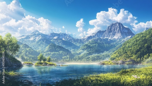 Anime-inspired landscape of a beautiful beach with crystal-clear waters, towering mountains, lush greenery, and a clear blue sky. Vibrant, breathtaking scenery for exploration or relaxation.