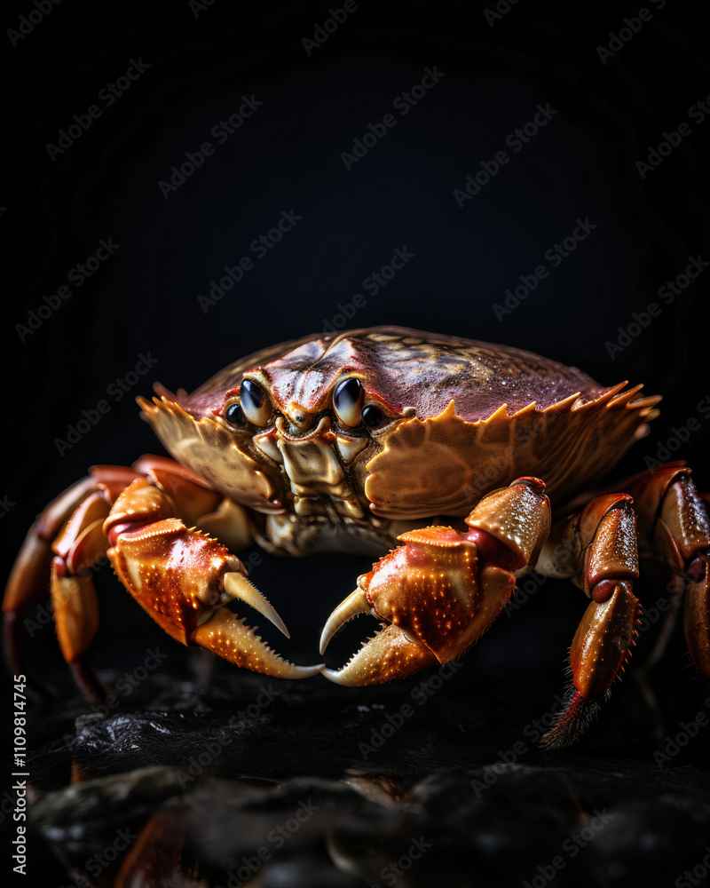 Vibrant Crab Displayed Against a Dark Backdrop Revealing Intricate Details of Its Body and Claws Vibrant Crab Displayed Against a Dark Backdrop Revealing Intricate Details of Its Body and Claws