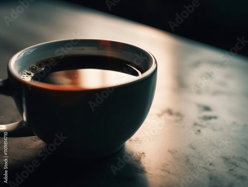 Dark Coffee Cup Resting on a Textured Surface With Soft Light Illuminating the Scene in a Cozy Setting