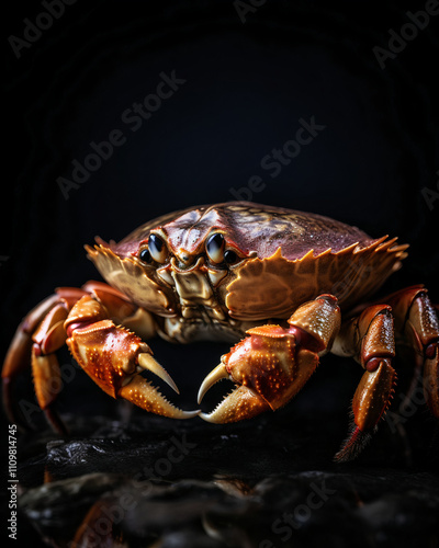 Vibrant Crab Displayed Against a Dark Backdrop Revealing Intricate Details of Its Body and Claws