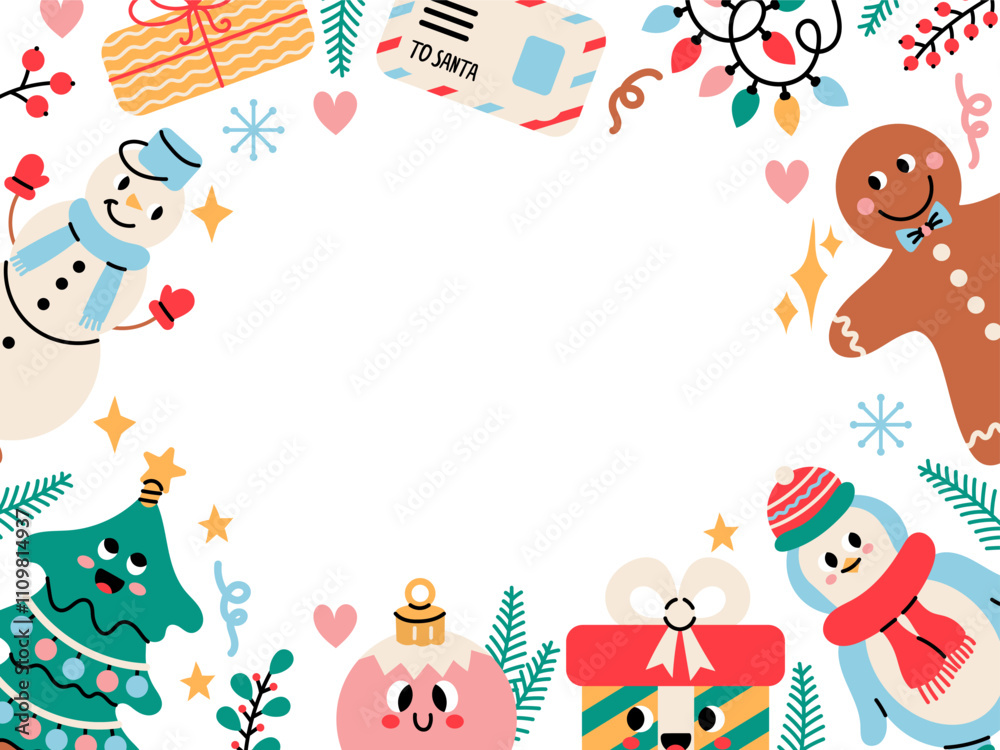 Fototapeta premium New year frame with empty space for your design. Cute modern banner design cartoon on white background