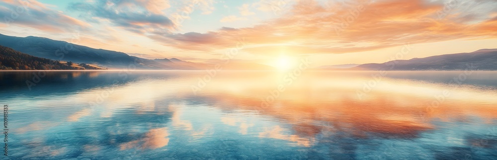 Serene Sunset Over Calm Mountain Lake Water Serene Sunset Over Calm Mountain Lake Water