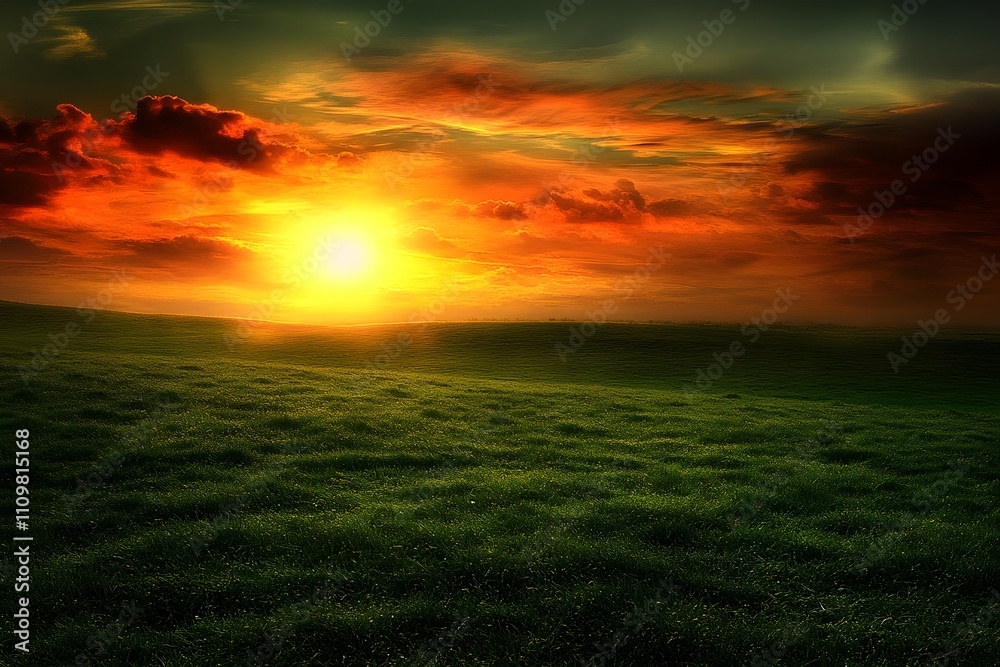 Fiery Sunset Over Rolling Green Fields Fiery Sunset Over Rolling Green Fields