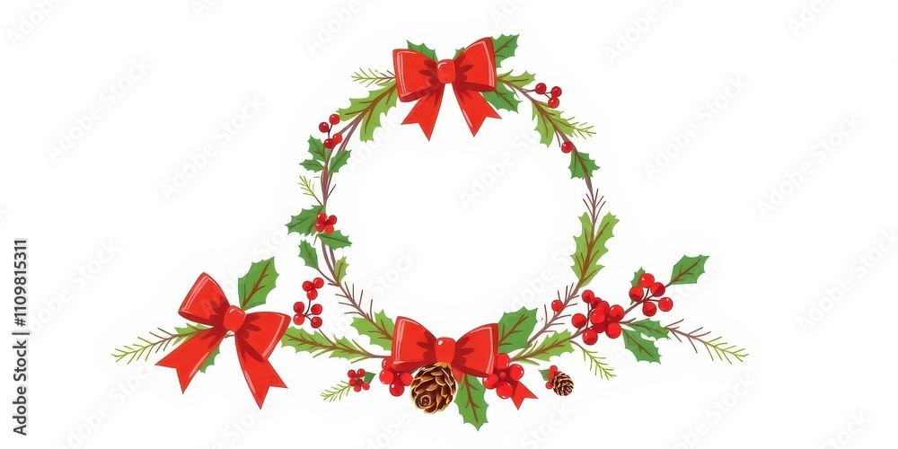 Christmas doodle flat style wreath in various shades of green and red, featuring traditional holiday elements such as holly berries, pinecones, and bows, pinecones, holly berries Christmas doodle flat style wreath in various shades of green and red, featuring traditional holiday elements such as holly berries, pinecones, and bows, pinecones, holly berries
