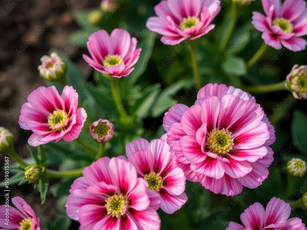 Close up of vibrant pink and white ranunculus flowers blooming in a garden, delicate, bloom Close up of vibrant pink and white ranunculus flowers blooming in a garden, delicate, bloom