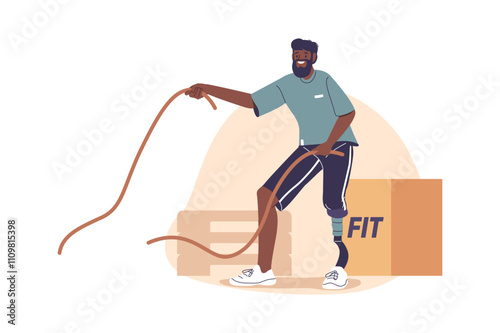 Man with prosthetic artificial leg doing crossfit workout for developing strength and endurance